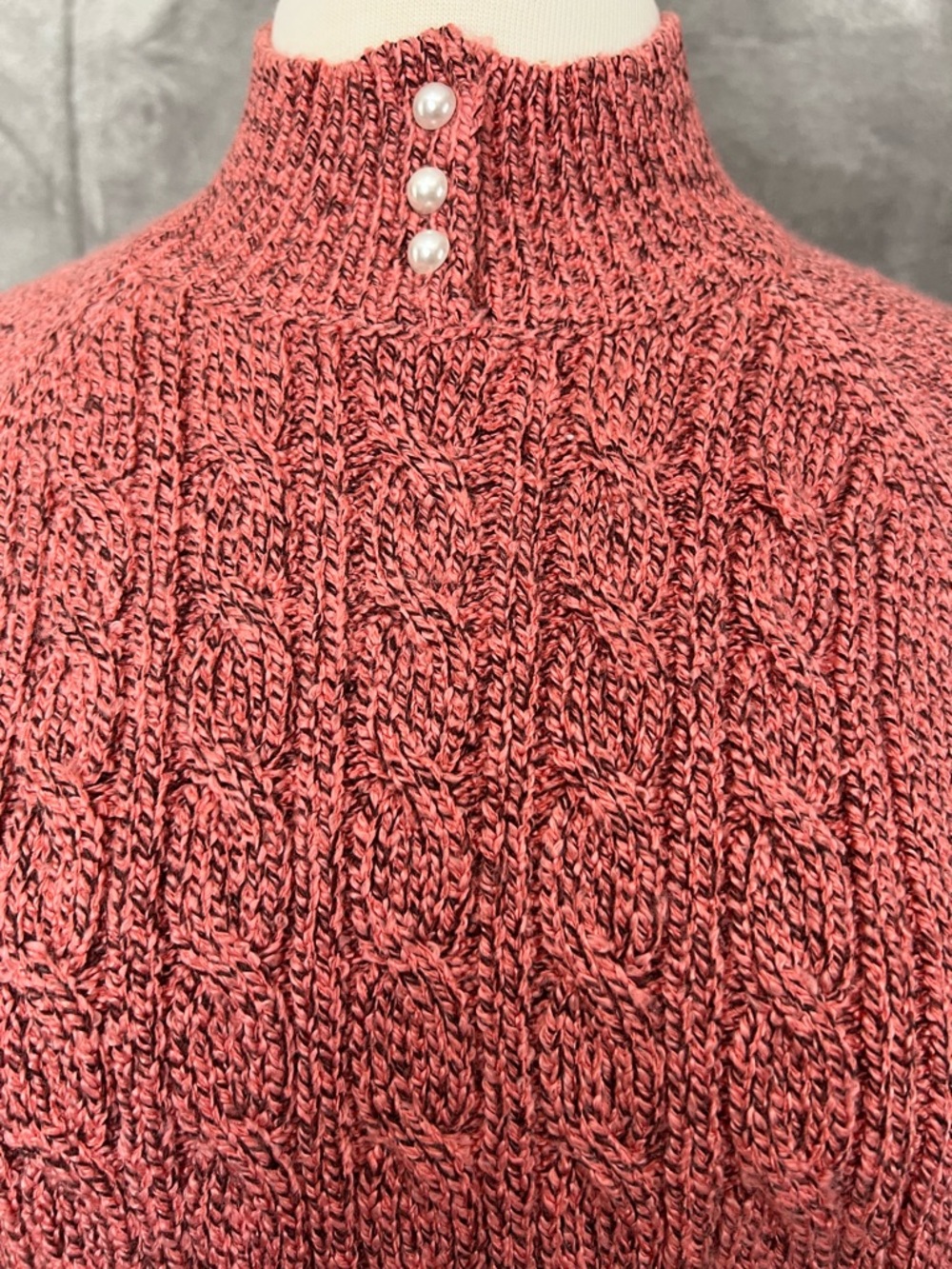 Karen Scott Sweater Womens PL Cable Knit Mock Neck Rose Pink Pearl Button